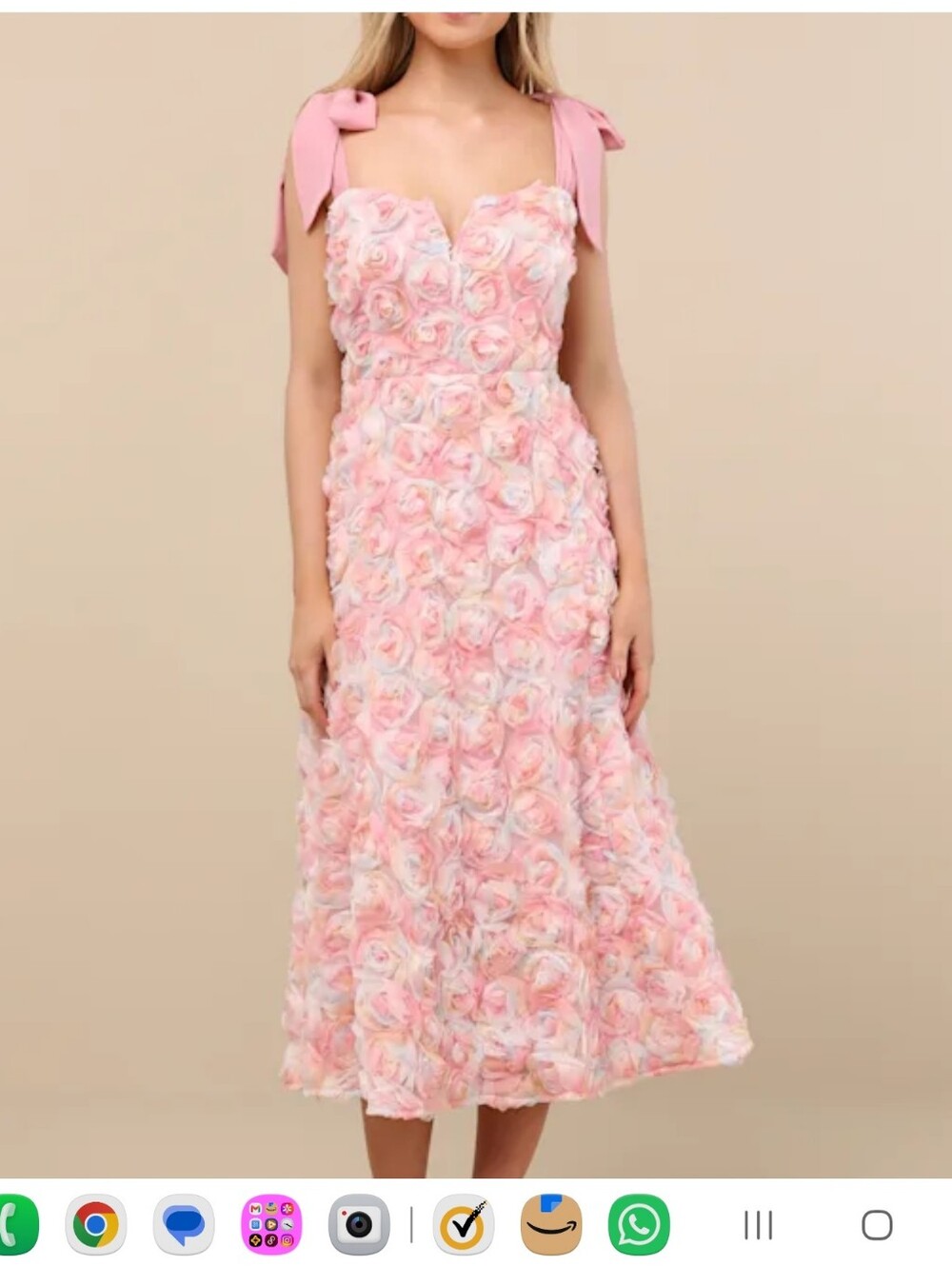 Lulu's Pink Multi Rosette Midi Dress with Tie-Strap Shoulders